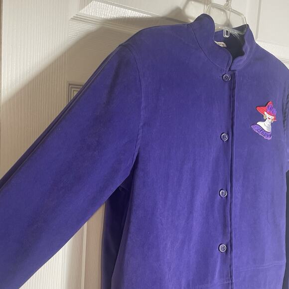 Vintage 90s Notations Jacket Women Medium Purple Red Hat Lady Button Front Top - Picture 2 of 12